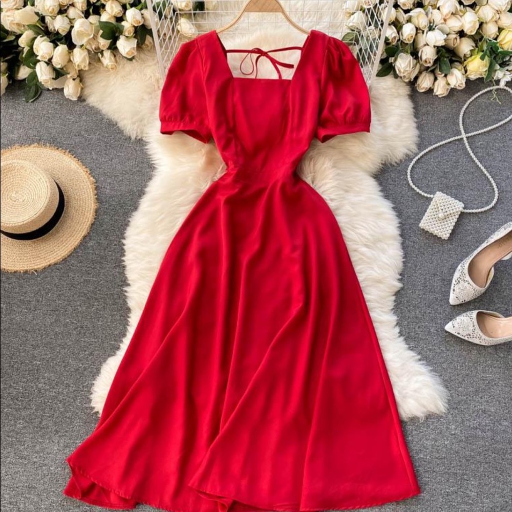 NWT Red Midi Dress w Puff Sleeves